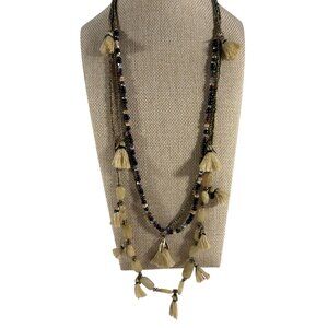Multi Strand Tassel Seed Bead Necklace Gold Tone Cream Beaded Boho